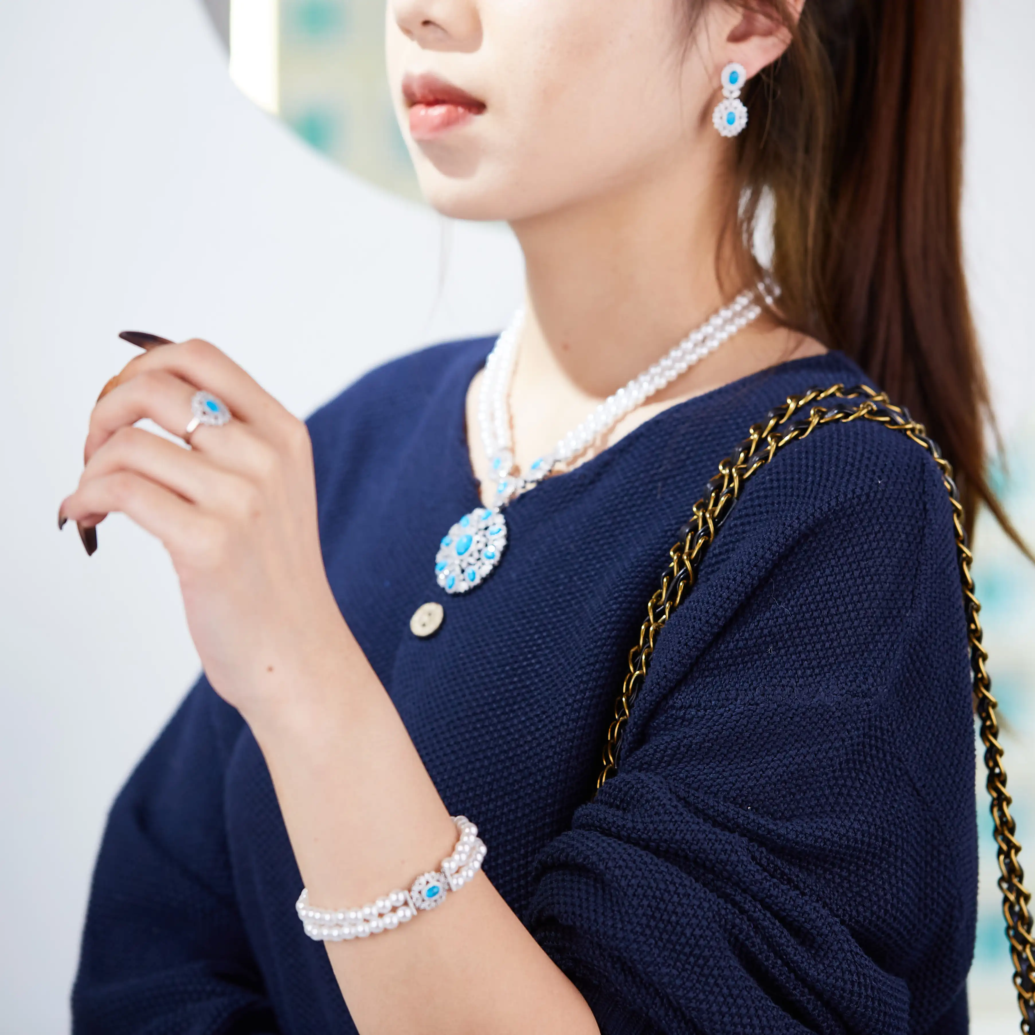 Blossom CS Jewelry Luxury Pearl Jewelry Set Zircon Turquoise Wholesale Bridal 925 Silver Fine Necklace Jewelry Sets For Women