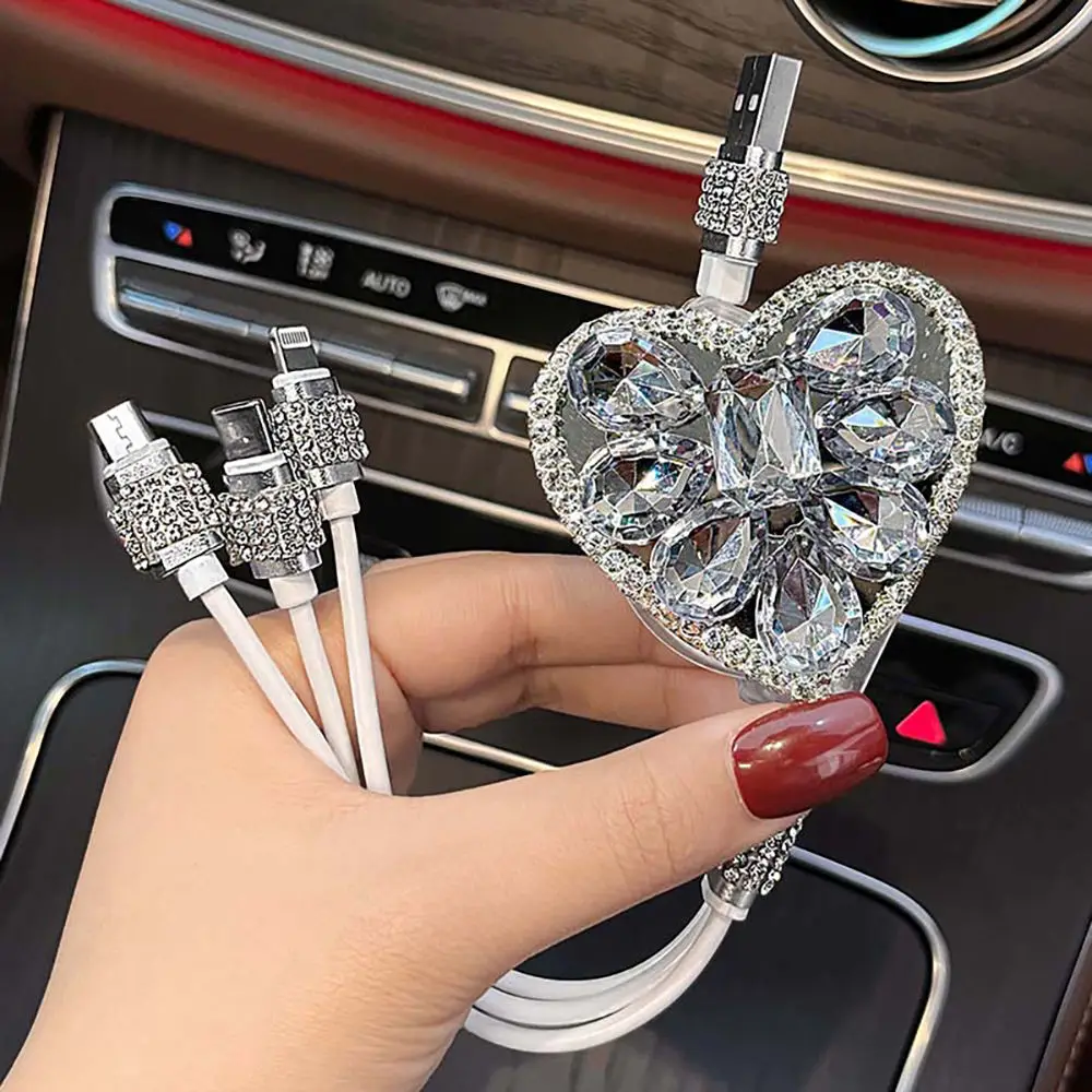 Crystal Heart Shape 3 in 1 USB Data Cable Mobile Phone Fast Charge Girls Gift Cute Fast Charging Cable