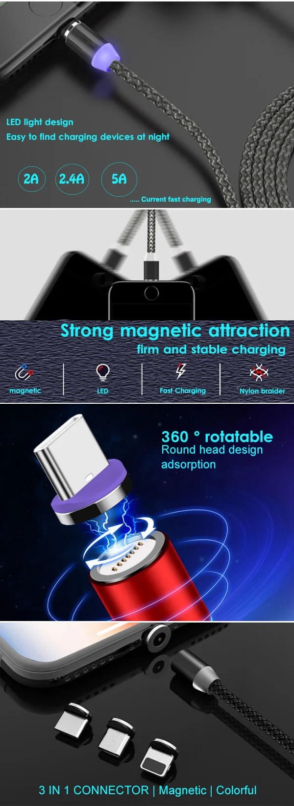 1m 1.5m 2m length cable usb 360 Rotation smart watch charging cable magnetic charger