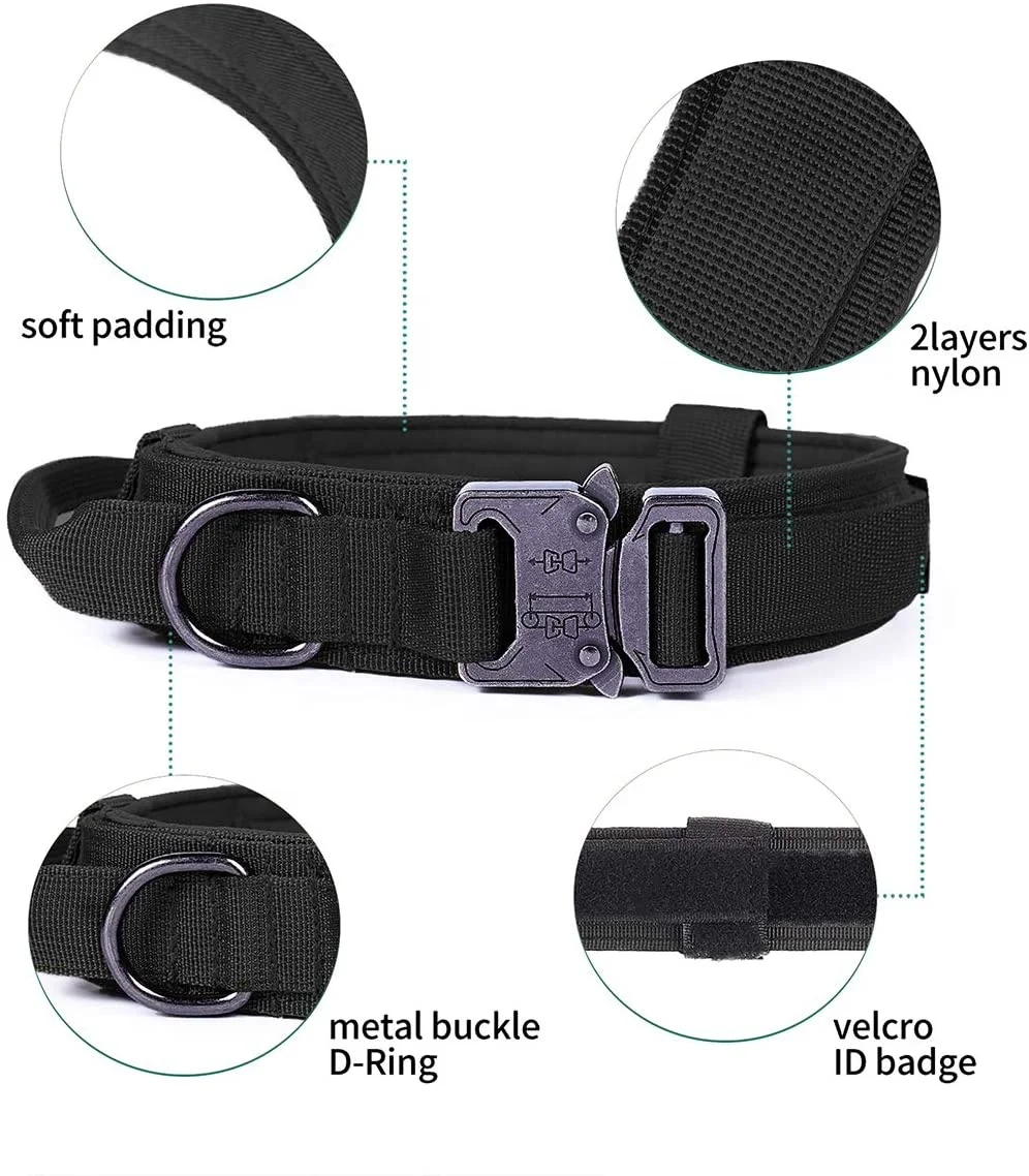Wholesale OEM ODM Adjustable Nylon Tactical Thick Collar with Handle and Heavy Metal Buckle Tactical Dog Collar Harness