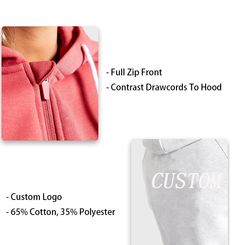 High Quality Custom Logo Terry Cotton Long Sleeve Crewneck Zip Up Sweatshirt White Crop Top Women Hoodie For Gym