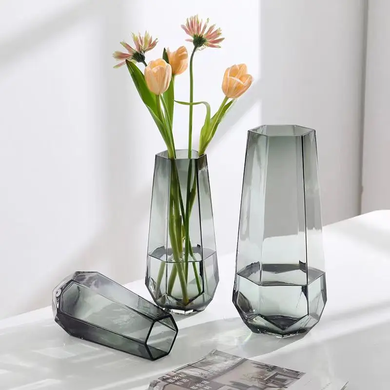 Unique Design Dark Gray Home Decor Hexagonal Prism Glass Flower Vase Cheap Clear Glass Crystal Vases Home Wedding Decoration