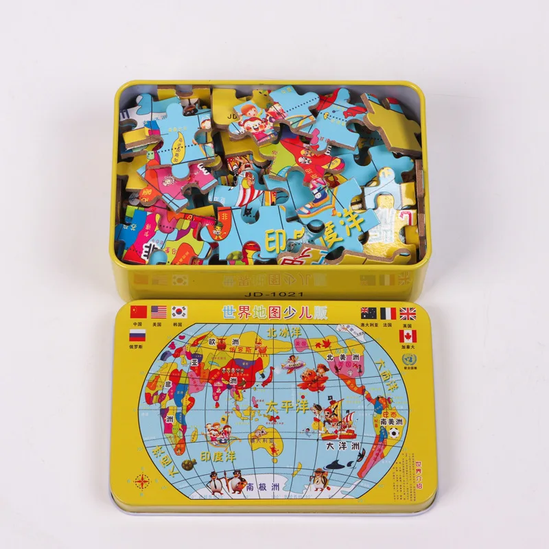World Map 60 100 200piece puzzle game for kids Iron Box Child Cartoon toys puzzle Early Educational Toy Toddler Jigsaw Puzzle