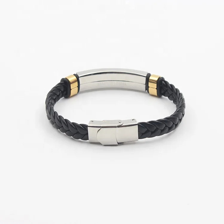 Stainless steel and plating Gold Accessory Braided Leather Bracelet For Men