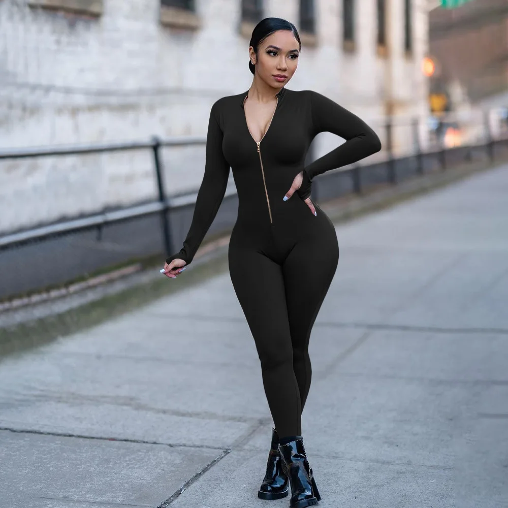 Casual Sexy Stretch Zipper Solid Bodycon Fall Jumpsuits For Sports Yoga Cloth Long Sleeve Jumpsuit Women