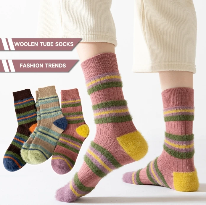 WUYANG FACTORY New design Color Mink Hair Thick Lines Matching Socks Winter Warm Mid-Tube Socks Fuzzy Socks Warm