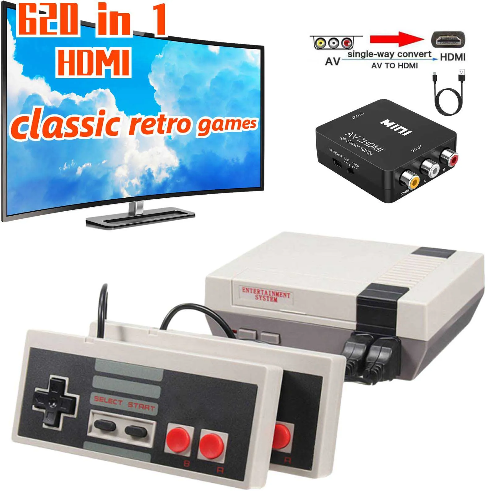 Классическая Ретро-игровая консоль встроенная 620 классических игр выход AV и HDMI 2 игровых контроллера