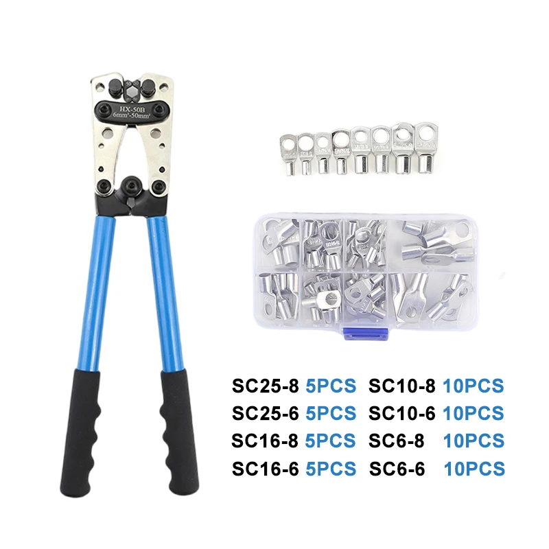Factory Sale HX-50B 10-0AWG SC 6-50mm2 60pcs Non Insulated cold press Precision Cable Lugs Wire Terminals crimping pliers