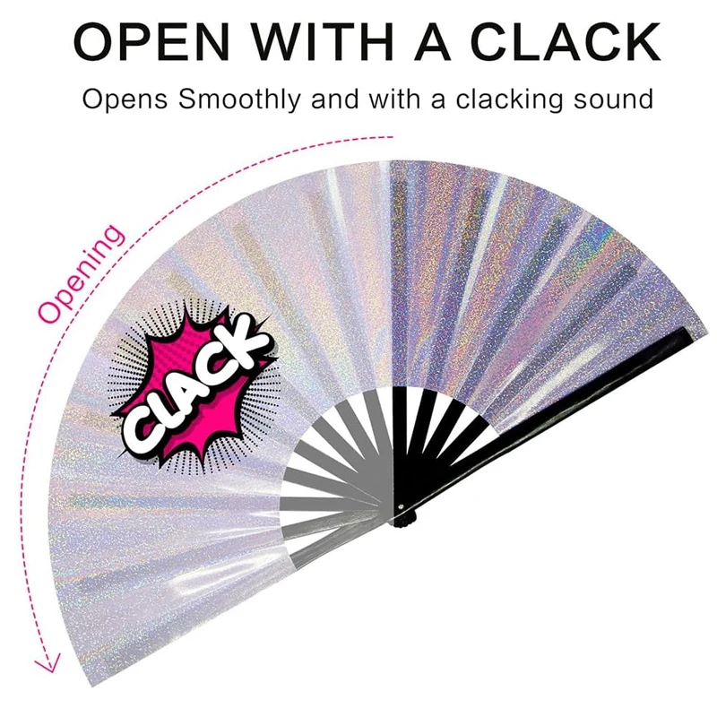 Custom Logo Bamboo Crafts Large Folding Rave Fans Holographic Festival Wedding Party Clack Hand Held Fan