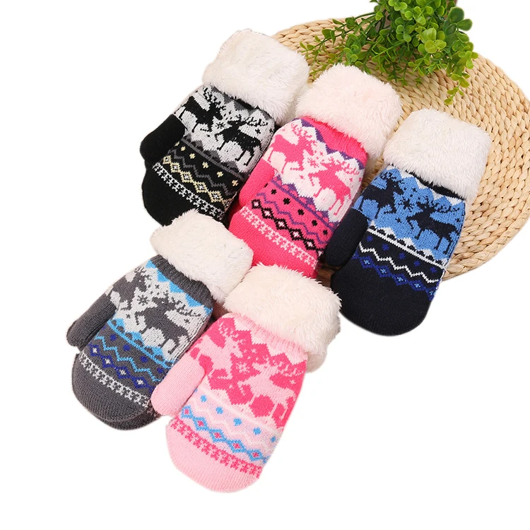 Jacquard Mittens For Children Gloves Winter Plus Velvet Thick Warm Kids Cold Weather Outdoor Knit Mittens Gloves For Boys Girls