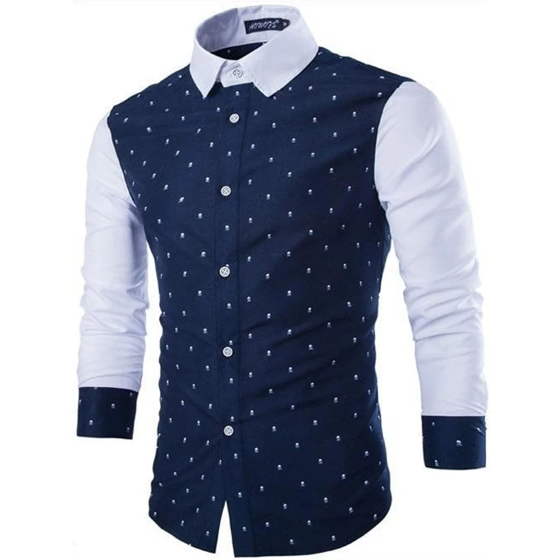FanLi OEM Custom Printing Patchwork Slim Casual Skull Print Lapel Collard Shirts For Men
