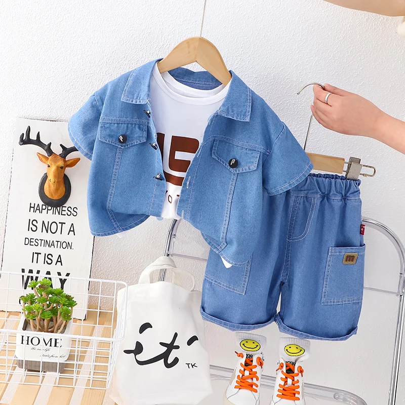 2023 Summer Baby Boys Clothes Sets Short Sleeve Print T Shirt Denim Jacket Pants 3 Pieces Fashion Toddler Outfits Kids Clothing