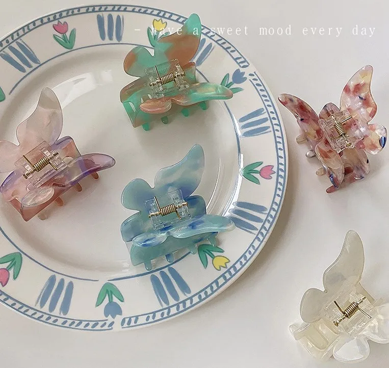 Женские акриловые заколки для волос с бабочкой, женские разноцветные заколки для волос с леопардовым принтом, одноцветные OEM ODM аксессуары для волос