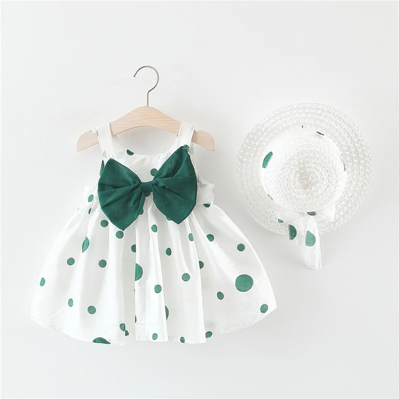 2022 Summer  Cute Sleeveless Polka Dots Cotton Baby Girl Dress+ Sunhat Toddler Baby Girl Clothes with a bow or a flower