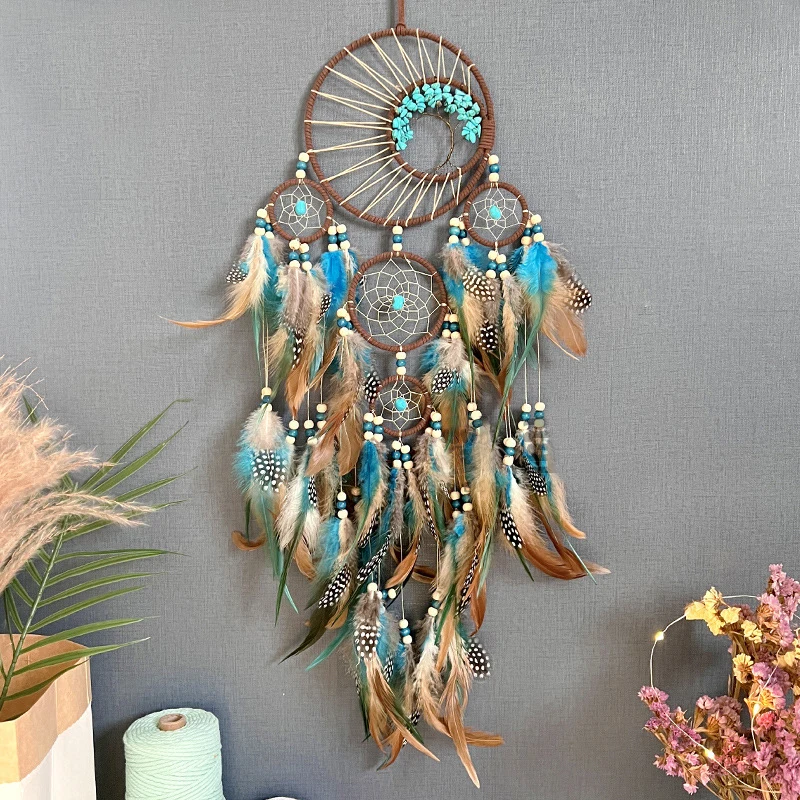Handmade Bohemian Turquoise Dream Catchers with Feathers Large Wall Hangings for Home Decor