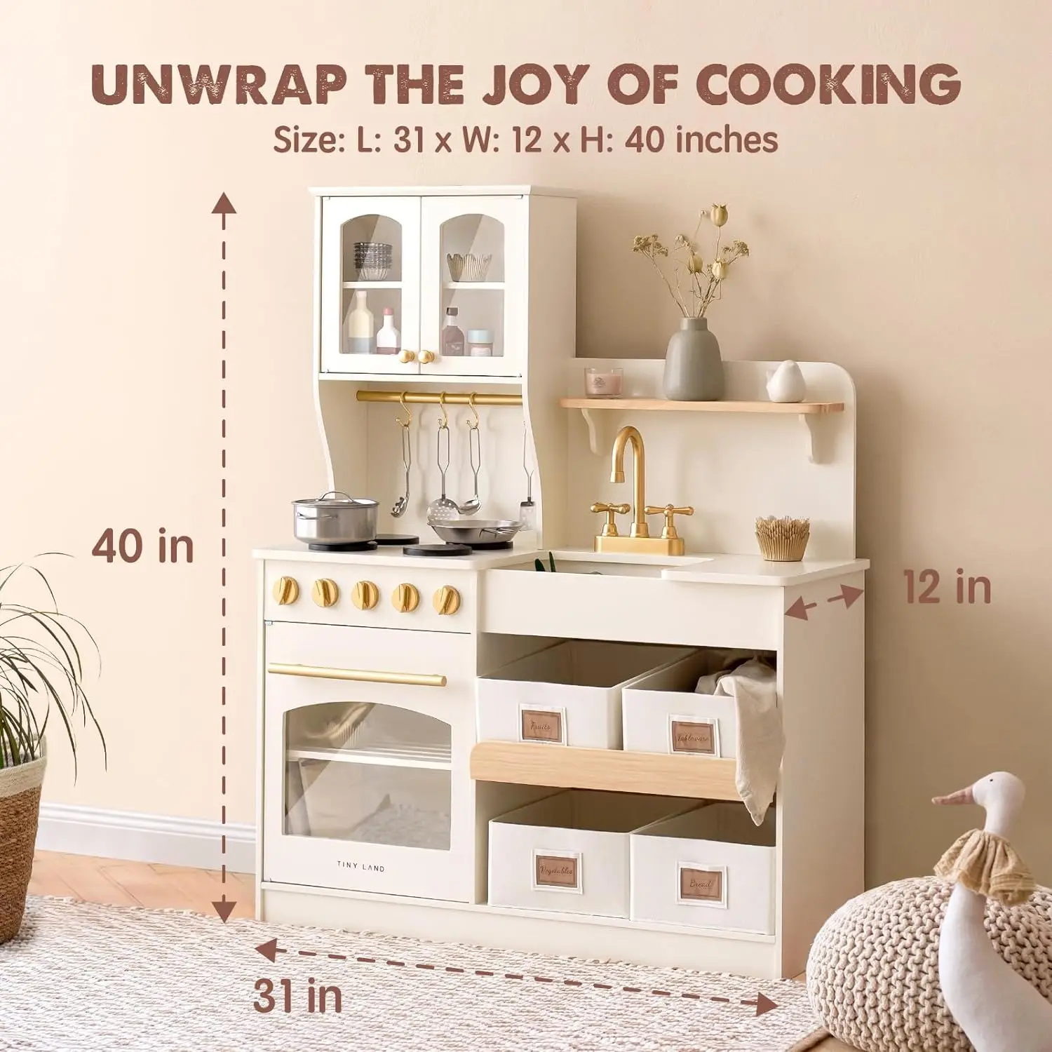 Wooden Play Kitchen with Toy Storage System, Toy Kitchen Set with Plenty of Play Features, Kids Play Kitchen Designed