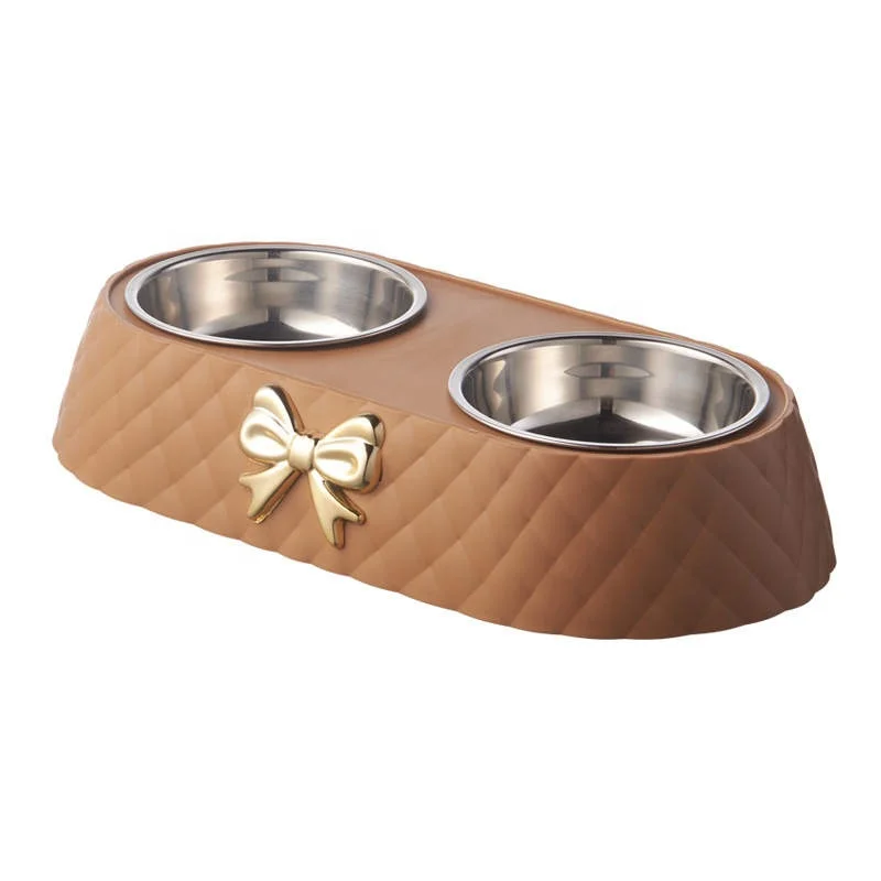 New Luxury Bow Knot Diamond Pattern with Stainless Steel Pet Double Bowls Cat Dog Food Utensilsmetal Pet Bowl