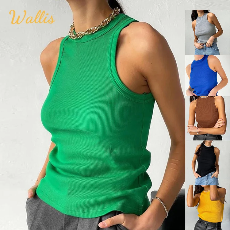 Кроп-топ женский трикотажный в рубчик базовая футболка без рукавов с воротником белый черный повседневный спортивный жилет зеленый кроп-топ