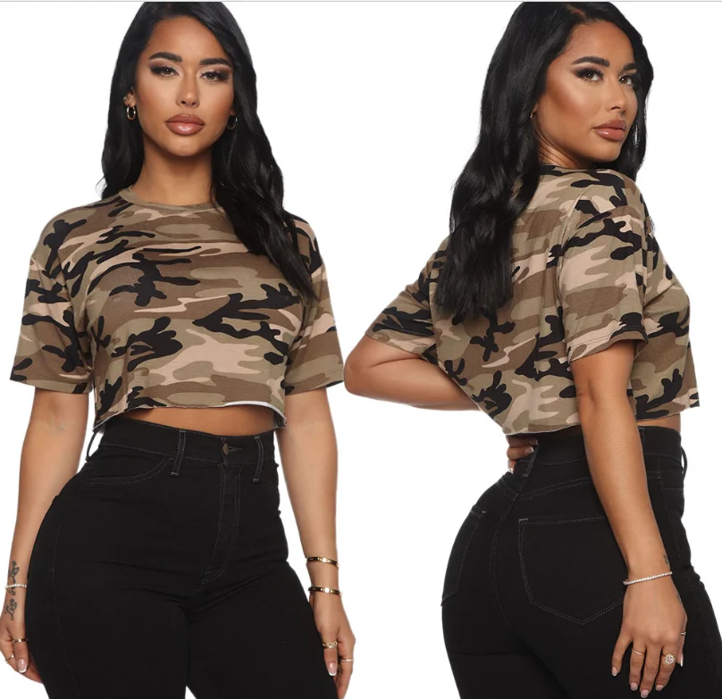
 2021 custom loose simple crop cotton camouflage women short t-shirts  