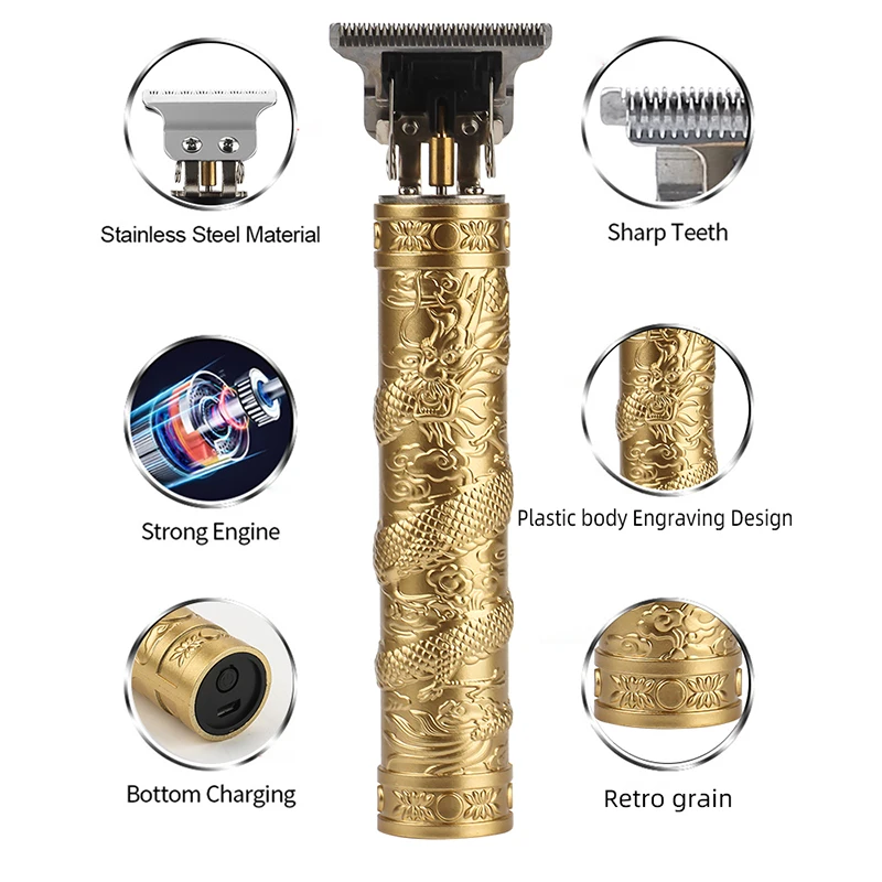 Maquina de Cortar Pelo Profesional USB Rechargeable Gold Vintage T9 Hair Clipper Electric Hair Trimmer