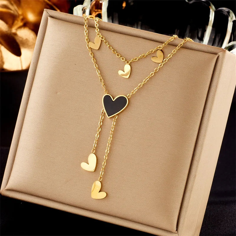 Vintage Gold Stainless Steel Pearl Heart Pendant Necklace Women Fashion Multi-layer Butterfly Tassels Necklace Jewelry For Gifts