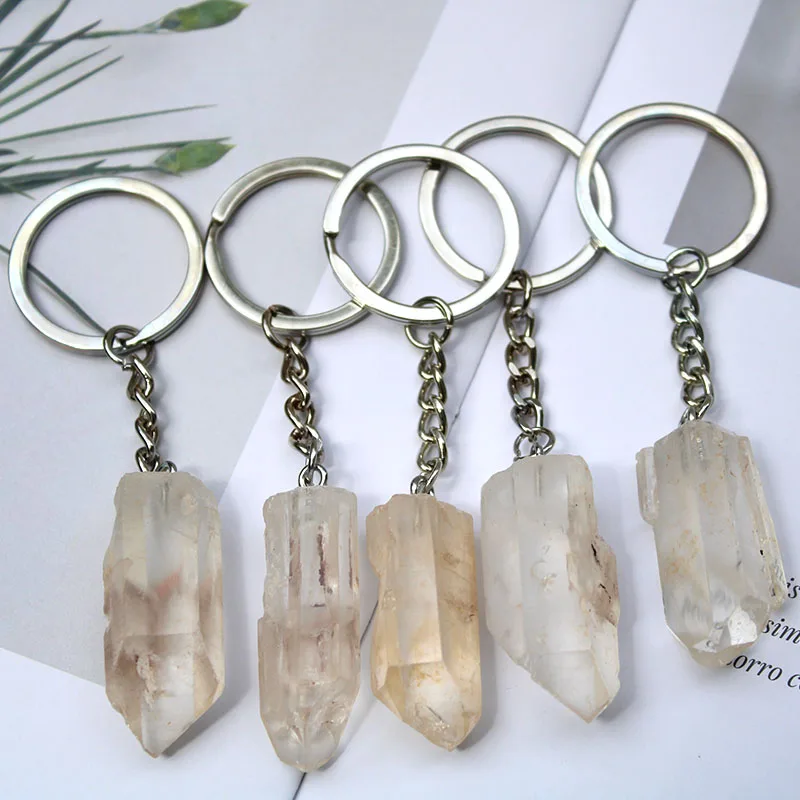 Wholesale Price Natural Gemstone Crystal Key Chain Healing Stone Rough Rock Quartz Crystal Point Keychain For Gift