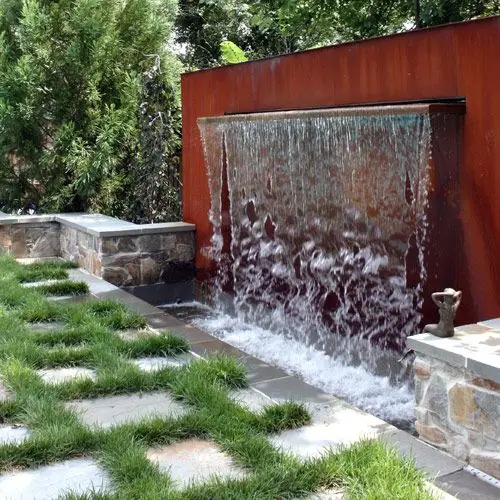 metal wall of water fountain with light steel trough water feature corten steel rain curtain water feature