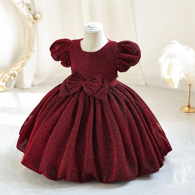 Baby Girls Birthday Dress Bubble Sleeve Bow Princess Party Glitter Dresses Kids Fashion Puffy Evening Dresses