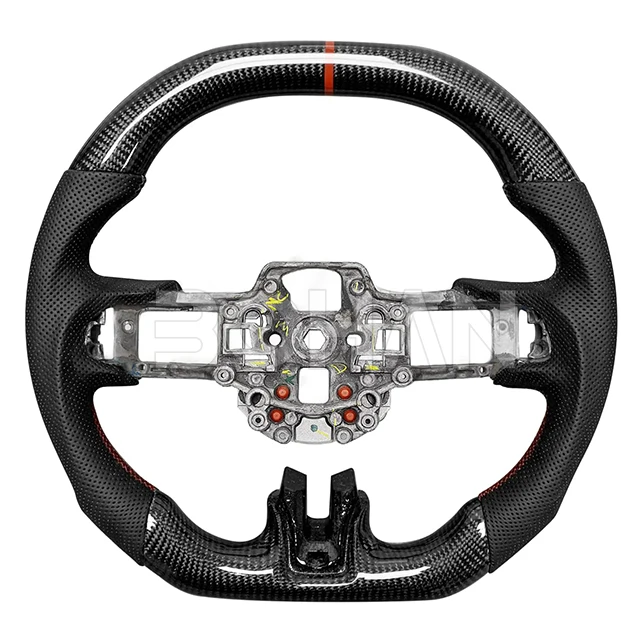 Carbon Fiber Steering Wheel with Red Stitching Nappa Perforated Leather Car Steering Wheel for Ford Mustang 2015-2017