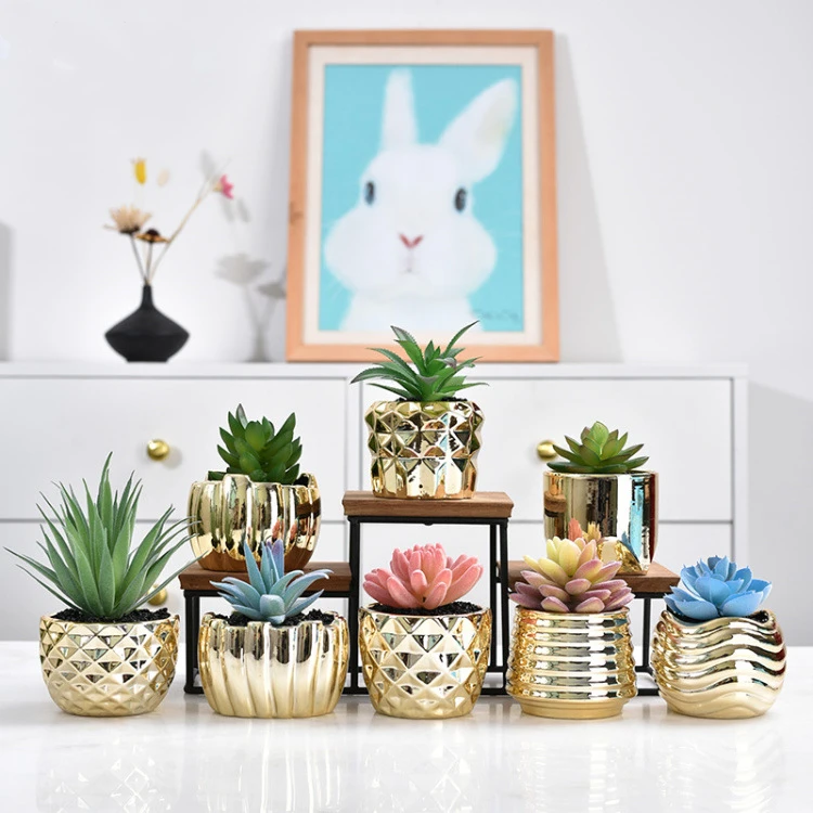 Wholesale artificial succulent plant with gold ceramic pot