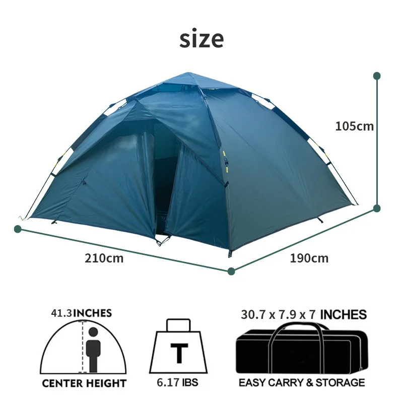 Custom Logo 2-3 Person Automatic Camping Tent Waterproof Polyester One Bedroom Structure Outdoor Travel Picnics Aluminum Pole
