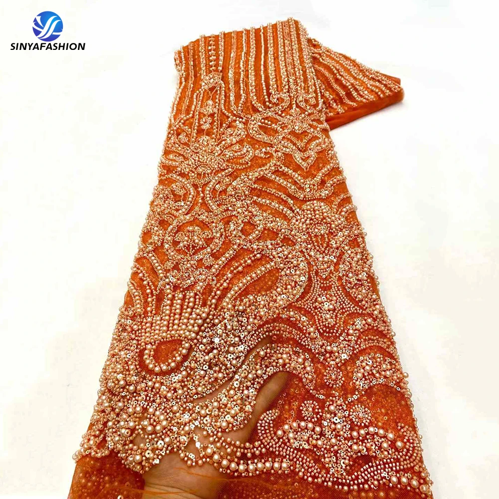 Sinya African Orange Luxury Heavy Beaded Lace Fabric With Sequins Pearls Embroidery Tulle Wedding Lace