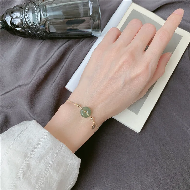 Delicate 14K Gold Chinese Fu Character Donut Fortune Aesthetic Circle Coin Bangles Good Luck Green Natural Jadeite Jade Bracelet
