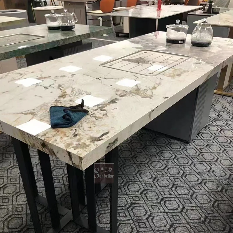 Factory supply luxury modern coffee table marble top gold stainless steel living room Chinese tea table with kung fu tea pot