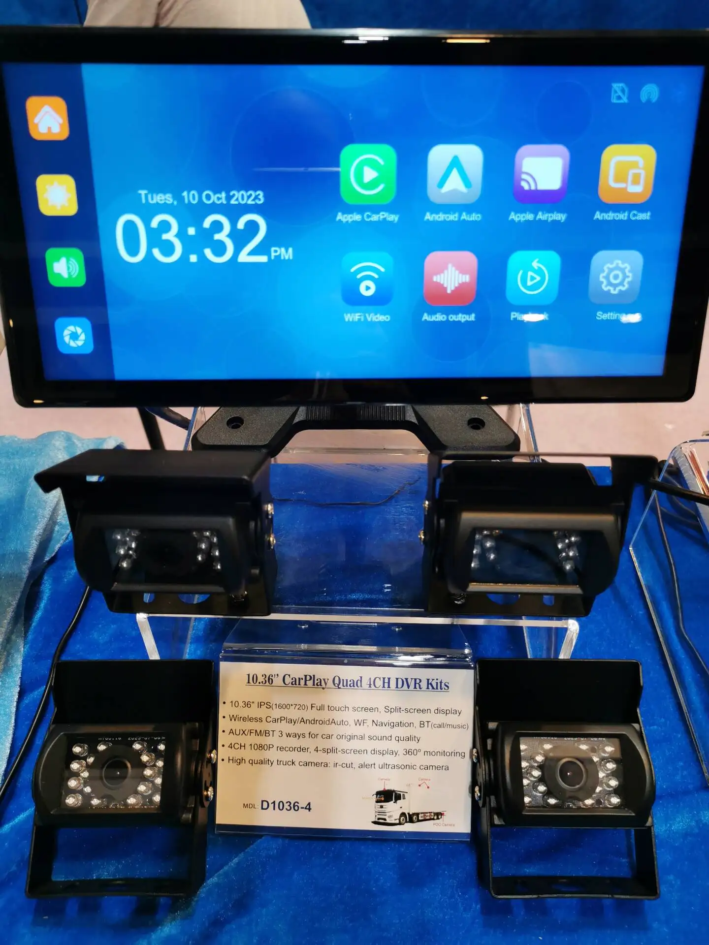 10.36 Inch Touch Screen Portable Carplay Android Auto GPS Navigation  4CH AHD 1080P 360 Panorama Camera for Trucks