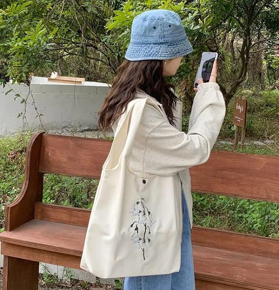 Wholesale Shopping Work School Groceries Beach Wide Handle Recycled Flowers Canvas Tote Bag Magnet