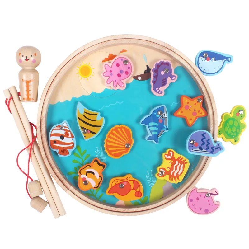 Wholesale Wooden Cat Fishing Toy for Kids Double-Sided Alphabet and Number Educational Game