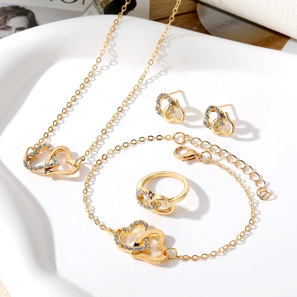 VKME New Fashion Heart Rhinestone Necklace Earrings Jewelry Set