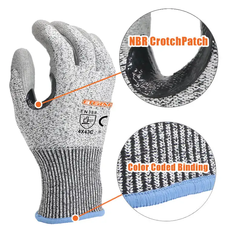 ENTE SAFETY Anti Cut Level 5 Glass Fiber HPPE Knit PU Coated Cut Resistant Protective Gloves for Glass Handling