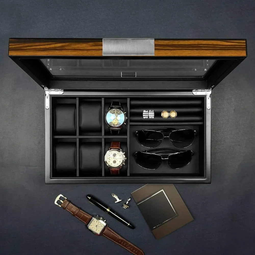 amazon OEM Custom Luxury Ebony Burl Wood Valet Watch Box Case