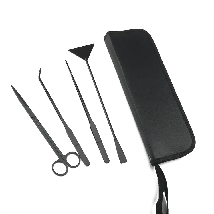 4PCS Black aquarium tools set stainless steel aquarium tweezers scissor with leather bag