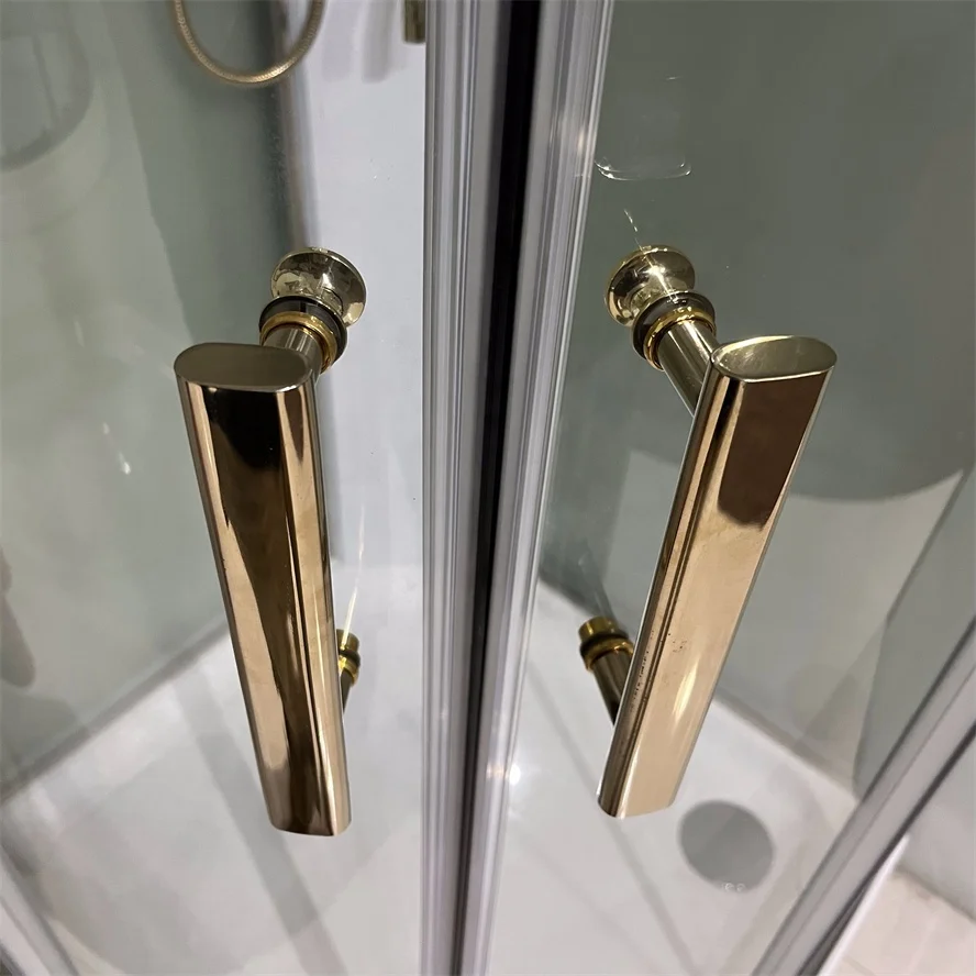 Oumeiga Modern 80*80*225cm Portable Gold Shower Cabin with White ABS Tray & Sliding Door Aluminium Frame Brushed Finish Home Use