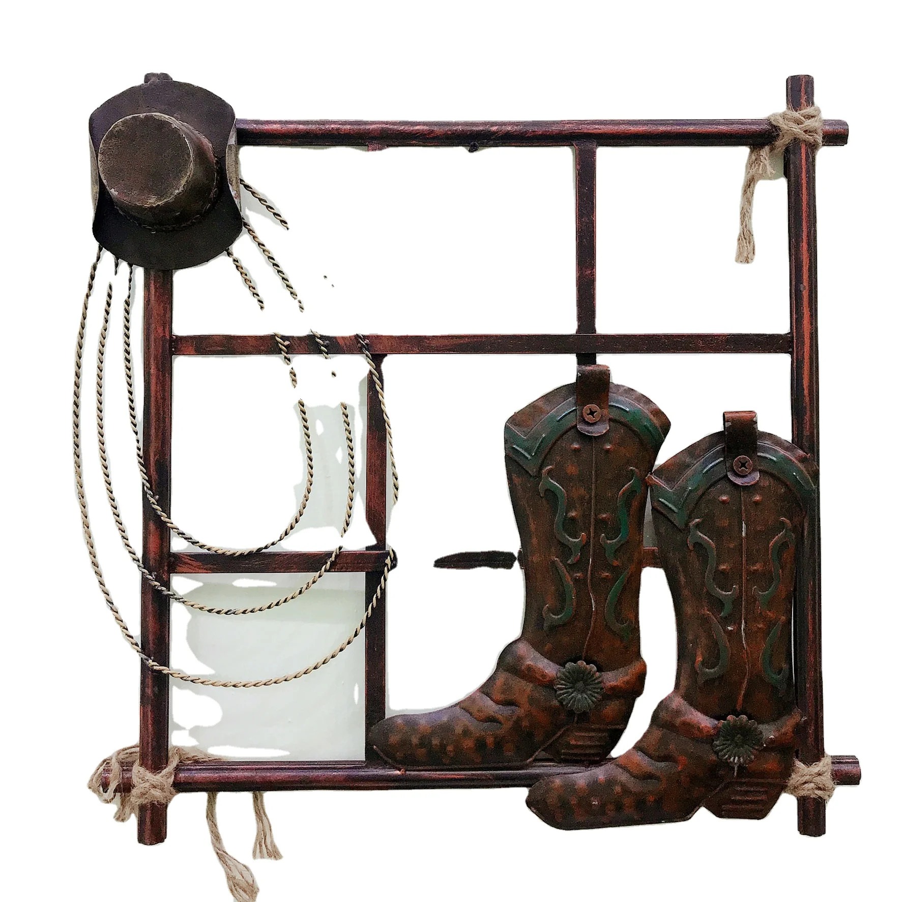 
US Western Cowboy Boots and Hat Decor Shape Square Frame Wall Hanging Metal IRON home decor accessories modern 