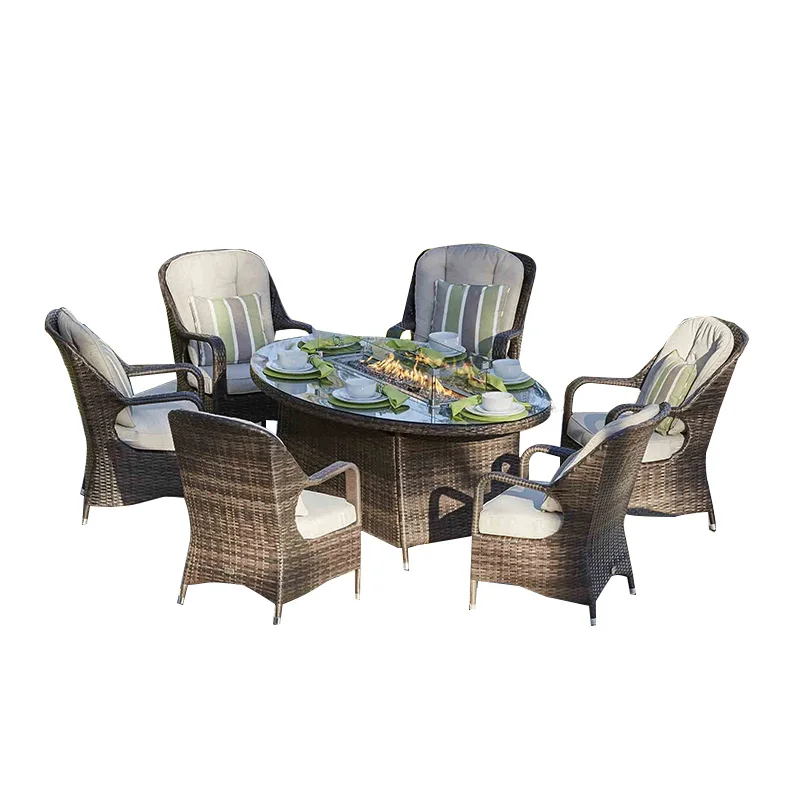 2020 Morden Living Hot Sells Modern Outdoor Rattan Furniture Gas Fire Pit Dining Sofa Set