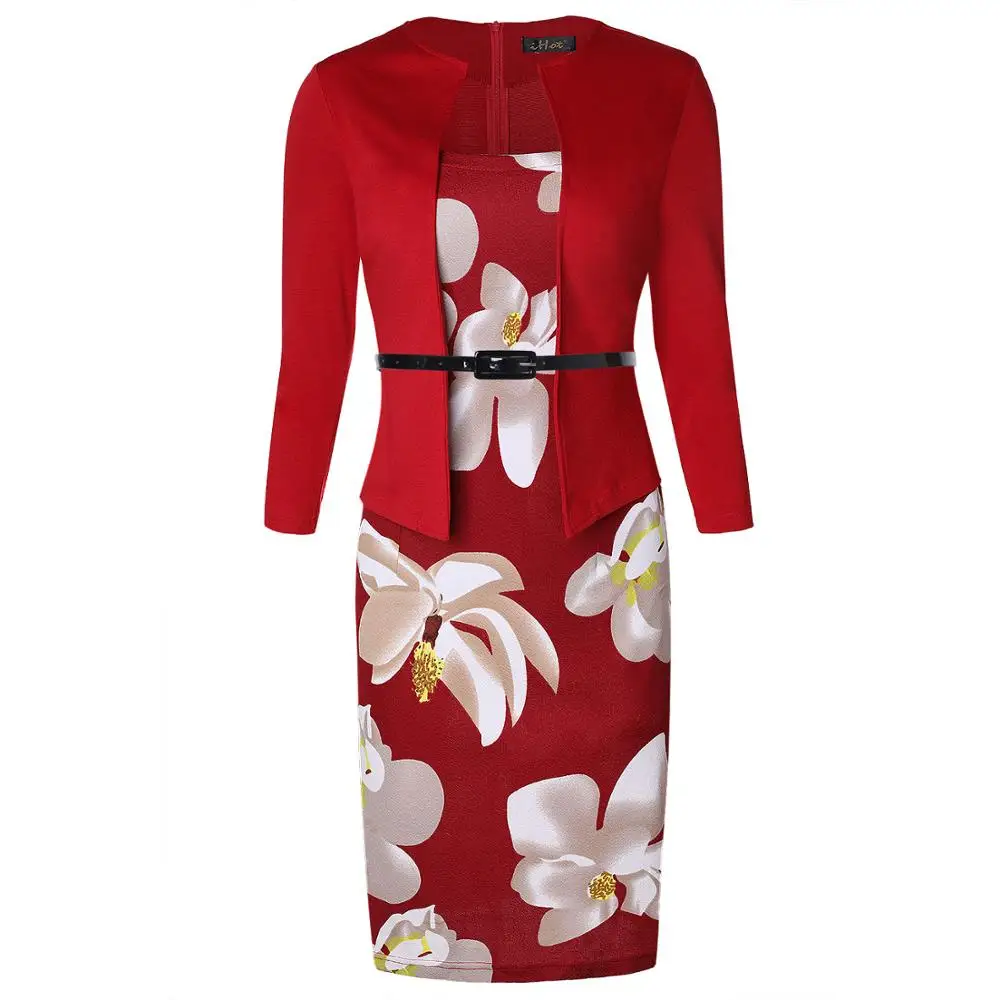 Two Piece Belt Office Dress Patchwork Floral Print Elegant Business Party Formal Bodycon Pencil Work Dresses A312