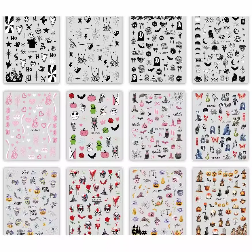 Hot Halloween nail sticker Cartoon skull heart pink pumpkin poker nail decals stickers