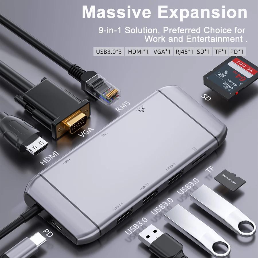 Factory 9 in 1 Type C Dock Aluminium Alloy  SD Card Reader RJ45 LAN 3.1 3.0 VGA Video Transfer HDMI RJ45 PD