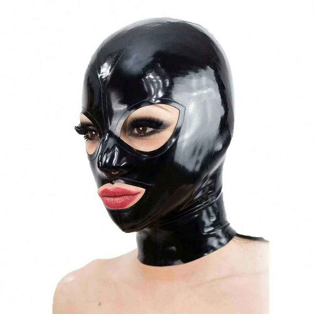 Latex Hood Mask With Mouth Red Trim Eyes Nose Hole Zipper Ponytail Wigs Fetish Black Sex