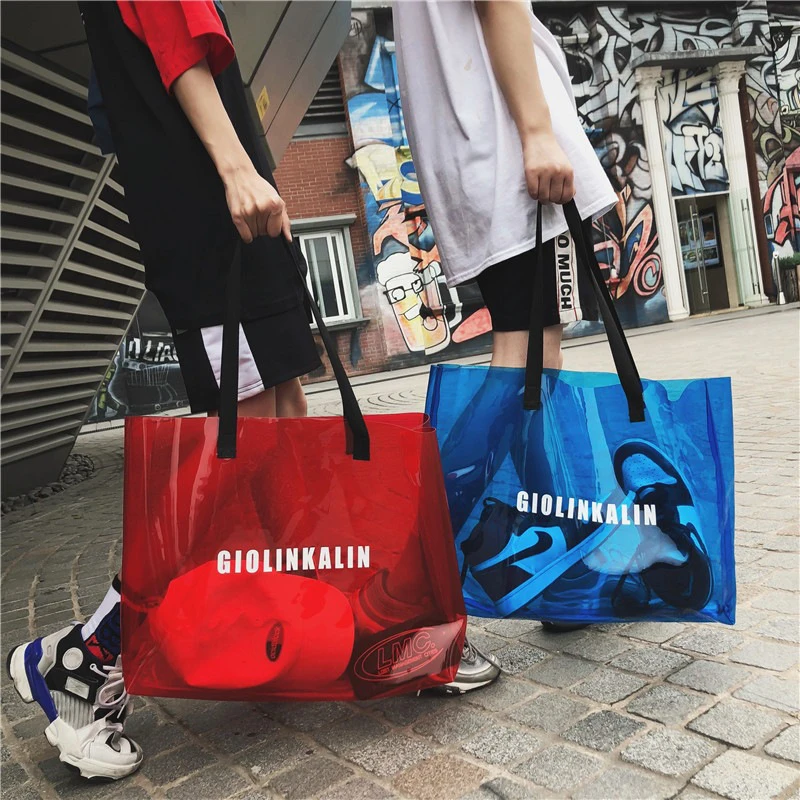 Custom Printed Logo Transparent Pvc Tote Bag Multicolor Ins Style Handbag Gift Plastic Bag Gift Bag