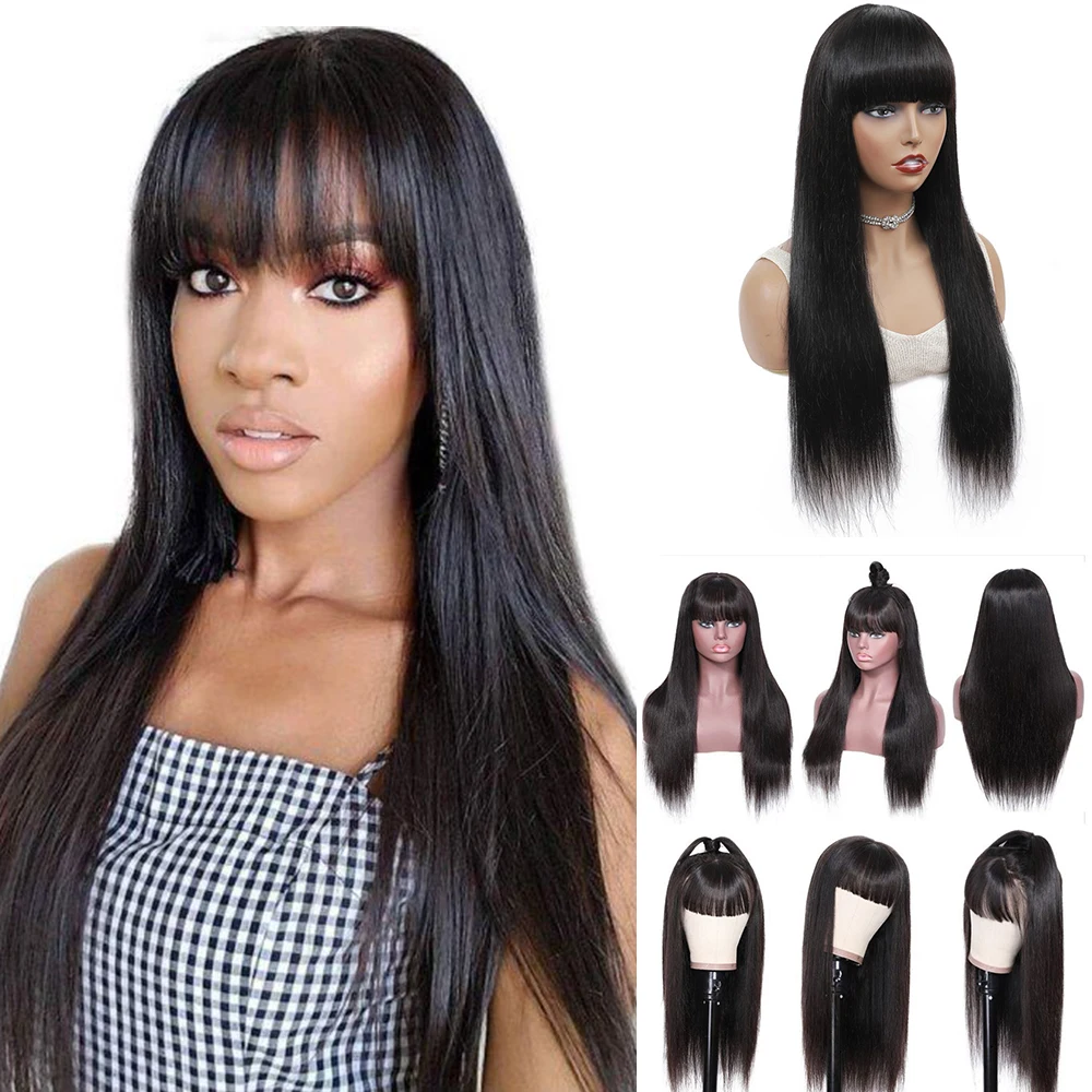 Forcuteu Wholesale Natural Cuticle Aligned Virgin Raw Indian Long Black Women Non Lace Mink Straight Bangs Fringe Human Hair Wig